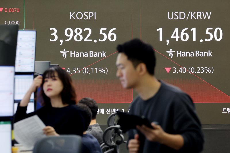 28일 서울 중구 하나은행 딜링룸 현황판에 코스피 지수, 원·달러 환율이 표시되고 있다. 연합뉴스 제공