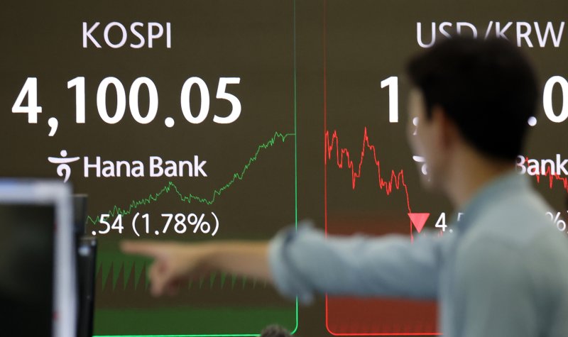 5일 오후 서울 중구 하나은행 딜링룸 전광판에 시황과 원달러 환율이 보이고 있다. 사진&#x3D;뉴스1