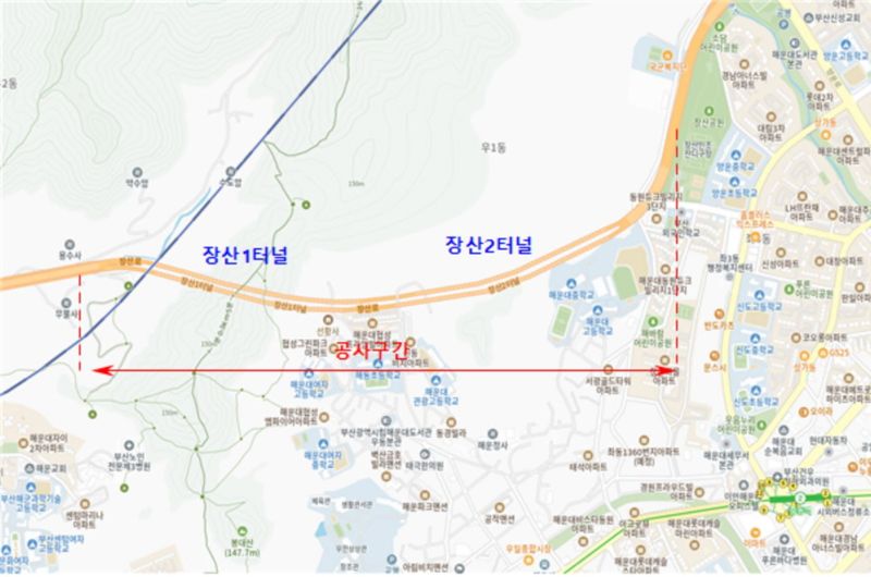 오는 8일부터 내달 20일까지 차로 교통통제가 이뤄지는 장산 1, 2터널 공사구간 위치도. 부산시 제공