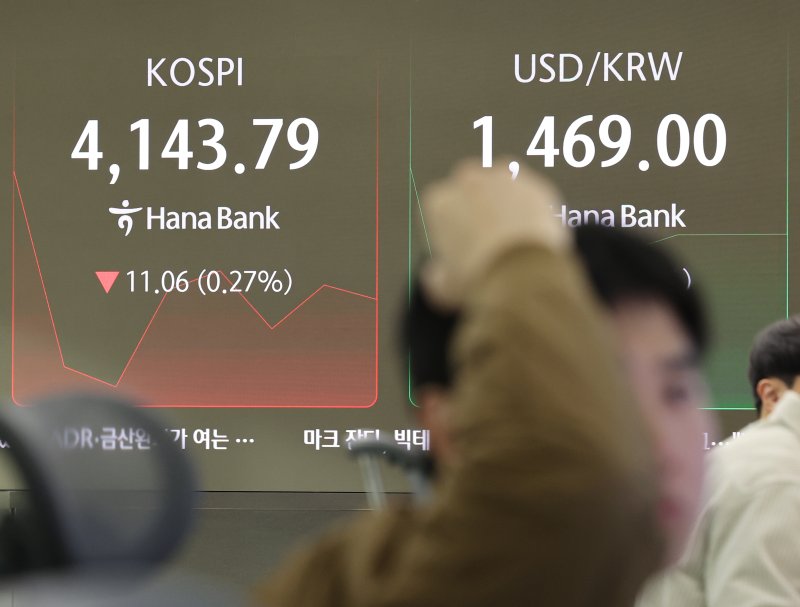 코스피가 하락 출발한 9일 서울 중구 하나은행 딜링룸에서 한 딜러가 모니터를 바라보고 있다. 사진=연합뉴스