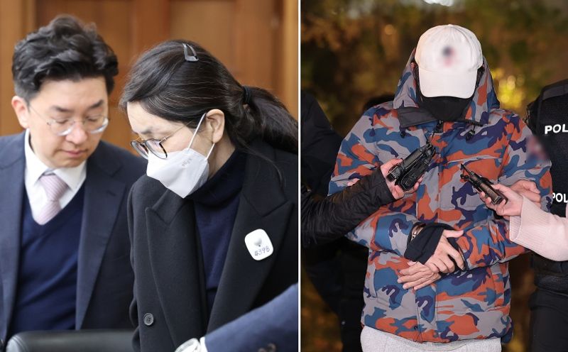 주가조작과 통일교 청탁 등의 혐의를 받는 김건희 여사가 지난 3일 서울 서초구 서울중앙지방법원의 결심공판에 출석해 피고인 자리로 들어서고 있다. 오른쪽 사진은 '도이치모터스 주가조작 의혹'의 공범으로 알려진 이준수씨가 지난 11월 20일 충주휴게소에서 체포돼 서울 종로구 광화문 <span id='_stock_code_030200' data-stockcode='030200'>KT</span> 빌딩에 마련된 김건희 특검 사무실로 압송되는 모습. /사진=뉴스1