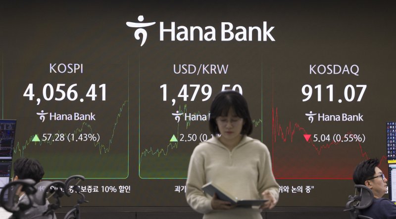 17일 오후 서울 중구 하나은행 딜링룸 모니터에 지수가 나오고 있다. 사진=뉴시스