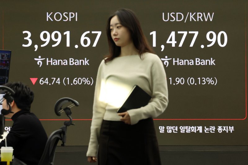 18일 오전 서울 중구 하나은행 딜링룸 전광판에 지수가 표시되고 있다. 뉴시스 제공