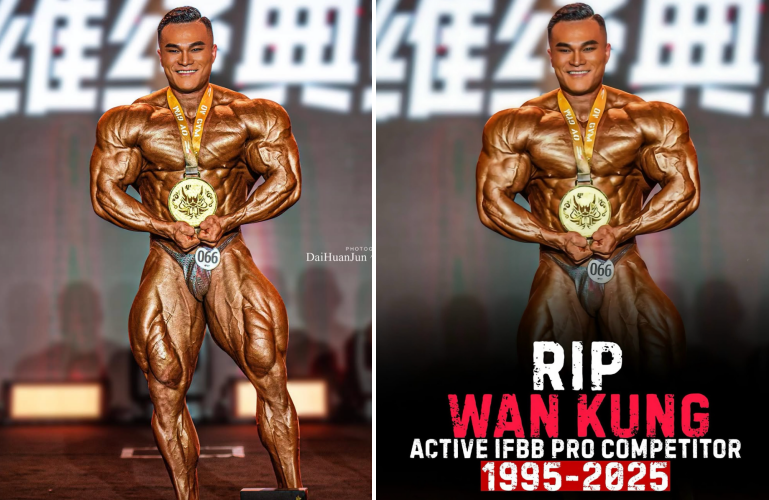 중국 보디빌더 왕쿤(왼쪽). 오른쪽 사진은 왕쿤의 사망 소식에 추모 메시지를 올린 해외팬의 게시글. /사진=인스타그램 계정 캡처