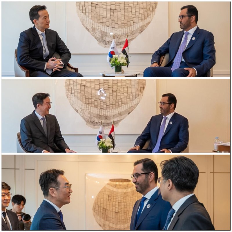 국내 주요 에너지 기업 수장들이 지난 18일 서울 소공동 롯데호텔에서 술탄 알 자베르 아랍에미리트(UAE) 산업첨단기술부 장관 겸 국영석유회사 아부다비국영석유회사(ADNOC, 애드녹) 최고경영자(CEO)와 만나 협력 방안을 논의했다. 애드녹 제공