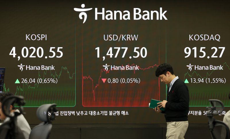 19일 오후 서울 중구 하나은행 딜링룸 전광판에 종가가 표시돼 있다. /사진=뉴시스