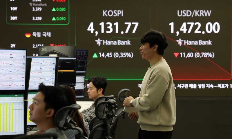 24일 오전 서울 중구 하나은행 딜링룸 전광판에 지수가 표시되고 있다. /사진=뉴시스