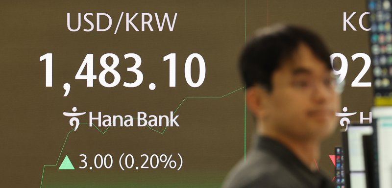 23일 오전 서울 중구 하나은행 본점 딜링룸 현황판에 원/달러 환율이 표시돼 있다. 연합뉴스